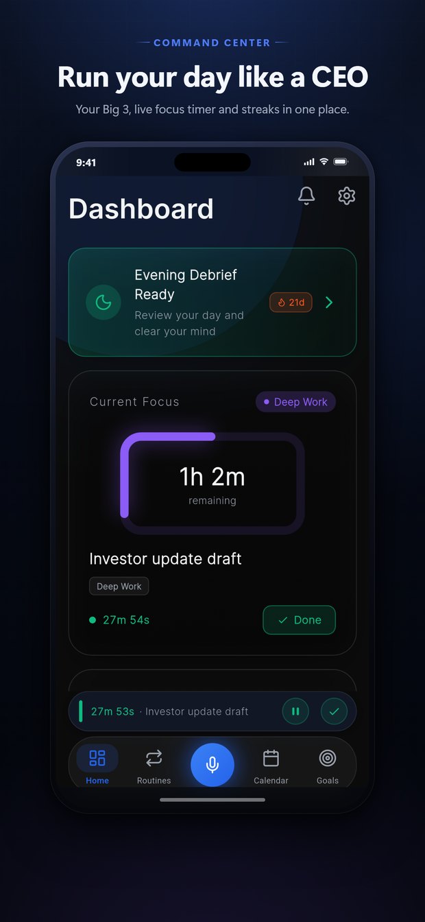 Dashboard: run your day like a CEO, with your Big 3, a live focus timer and streaks in one place