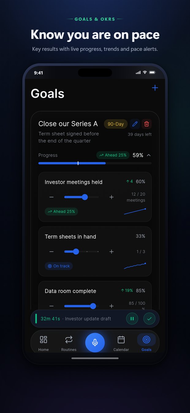Goals and OKRs: key results with live progress, trends and pace alerts so you know you are on pace