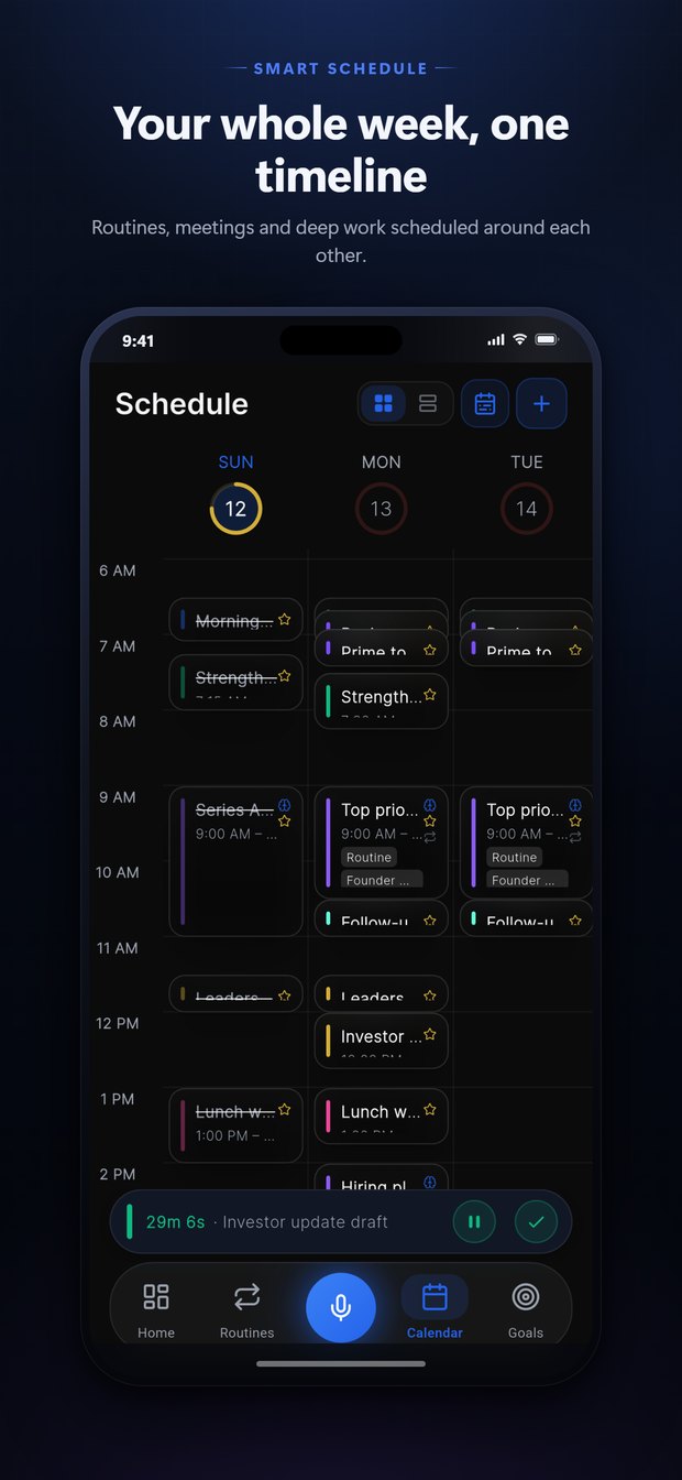 Schedule: your whole week on one timeline, with routines, meetings and deep work scheduled around each other