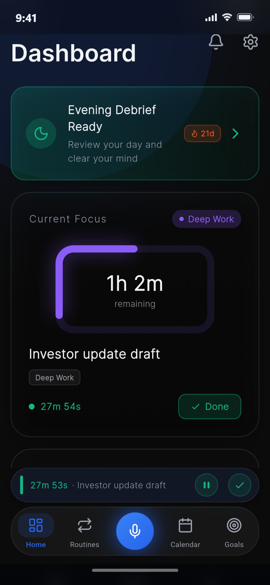 The BizRoutine dashboard showing an evening debrief prompt, a live deep work focus timer and a 21 day streak
