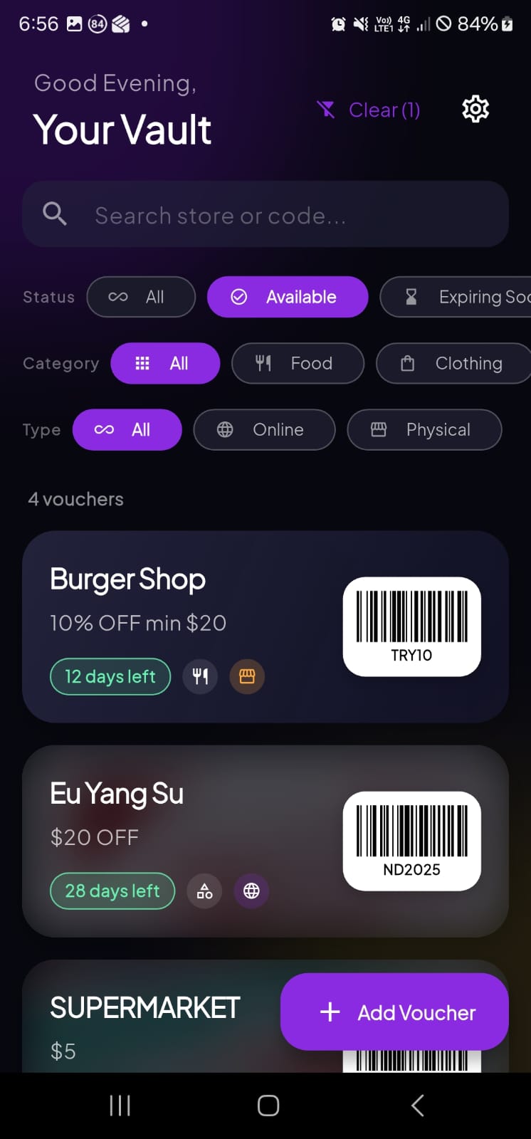 Vouchet App Home Screen